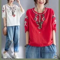 ราคา Edqrdq EXXT เสื้อยืด แขนพัฟ 3 4 ผ้าฝ้าย ผ้าลินิน ปักลายดอกไม้ สไตล์โบฮีเมียน สําหรับผู้หญิง (29772060407)