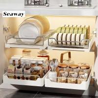 ราคา Seaway ตะกร้าสแตนเลส 304 ดึงชั้นวางจานชามออก ชั้นวางจานสแตนเลส ดึงตะกร้าอเนกประสงค์ (24641645001)