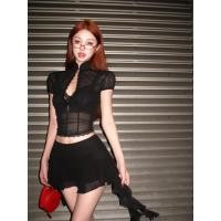 ราคา ขายร้อน F X ตาข่ายเสื้อฤดูร้อนใหม่ชุดสาวฮอตสีดำตาข่ายเสื้อยืดแขนยาวเสื้อผู้หญิงฤดูร้อนกระโปรงสั้นสองชิ้นซีทรู (29559054337)