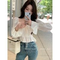 ราคา FXZZ Design Top Plus Size สำหรับผู้หญิงฤดูใบไม้ผลิ แขนบานสีขาว คอวีแบบฝรั่งเศส เสื้อชีฟองสั้น (46057122645)