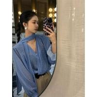ราคา ราคาพิเศษ เสื้อชีฟอง F x เสื้อสตรีคอวีลายจุดสีฟ้าสไตล์เกาหลีเสื้อเชิ้ตผู้หญิงแบบสบายๆ2025ดูหรูหรา (41002192203)