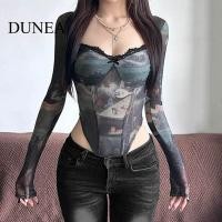 ราคา ดุนนา วินเทจพิมพ์ความคมชัดสีลูกไม้เย็บตาข่ายดูผ่านบอดี้สูทแขนยาว (26157764213)