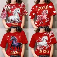 ราคา เสื้อตรุษจีน2026 เสื้อเชิ้ตสีแดง เสื้อยืดปีม้า ลายดอกไม้และลายม้าเสื้อปีใหม่ เสื้อแขนสั้นผู้หญิง ของขวัญอวยพร (52004333152)