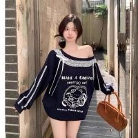 ราคา โบว์ลูกไม้พิมพ์ลายตัวอักษรสไตล์หวานสไตล์เกาหลีไหล่เฉียงแขนยาวเหงื่อ (29413445699)