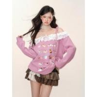ราคา เสื้อสเวตเตอร์ลายการ์ตูนสไตล์เผ็ดหวานสไตล์เกาหลีลูกไม้ไหล่เฉียงเสื้อแขนยาว (26219606109)