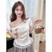 ราคา สไตล์เกาหลีหวานโบว์ไหล่เอียงลูกไม้แขนสั้นเสื้อยืดฤดูร้อนแบบใหม่บาง (42304275511)