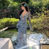 ราคา ฝรั่งเศสสีฟ้ามัดย้อมพิมพ์ชุดยาวหญิงฤดูใบไม้ผลิฤดูใบไม้ร่วงริมทะเลวันหยุดสาวร้อนเซ็กซี่กลวงคอวียาว ดี้8โอ (51956692857)