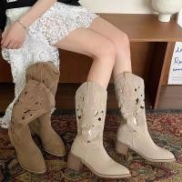 ราคา รองเท้าบูทสุภาพสตรีสไตล์อังกฤษเพิ่มความสูง 6 ซม ส้นหนาหลอดยาวรองเท้ากองสีน้ําตาล สีกากีชี้กลวงอัศวินรองเท้า (25783569881)