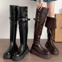 ราคา สุภาพสตรีหนา soled Rider Boots 2024 สไตล์ใหม่ส้นหนา 5 ซม สีน้ําตาล สีดํายาวรองเท้า Over the Knee รองเท้า (27217337447)