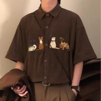 ราคา เสื้อแขนสั้นลายแมวน่ารัก ทำจากผ้าลูกฟูก สไตล์วินเทจคอลเลจ (55456861245)