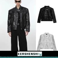 ราคา EERSHENSHI เสื้อโค้ทหนังผู้ชายยืนปกรถจักรยานยนต์เสื้อผ้าหนังหลวมไหล่เบาะสั้นอเมริกันย้อนยุค (26912515144)