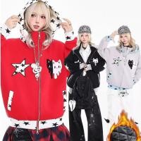 ราคา EERSHENSHI เสื้อกันหนาวแบบหลวม ๆ สไตล์อเมริกันวินเทจสีดำเสื้อสีแดง (53101382237)