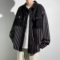 ราคา EERSHENSHI Youth Denim Shirt Mens Striped Stitching Turn down Collar Coat (49853135772)