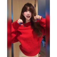 ราคา เสื้อไหมพรมสวมหัว เปิดไหล่ สีแดง ทรงหลวม (54601412299)