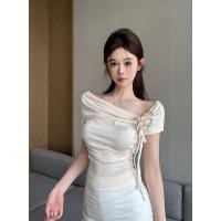 ราคา กระโปรงปิดไหล่ผูกโบว์แขนสั้น เสื้อยืดฤดูร้อน กับการยีที่เอวด้านบน (47906744518)