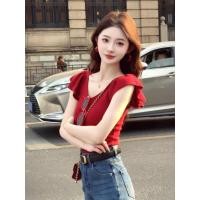 ราคา เสื้อคอวีแขนสั้น ทอจากเนื้อผ้าถักและเสื้อยืด ทรงไหล่ปกติ เหมาะสำหรับฤดูร้อน (41029221415)