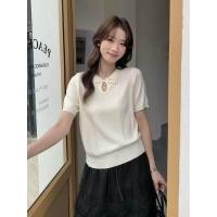 ราคา เสื้อถักคอผูกโบว์สีตัดกันฤดูร้อนเสื้อเชิ้ตแขนสั้นลดอายุ (40129346533)