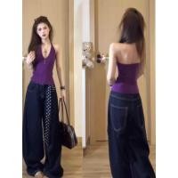 ราคา เสื้อสายเดี่ยวสั้นสีม่วง สำหรับฤดูร้อน ใส่สบายเหมาะกับวันหยุดที่ชายหาด (57206648922)