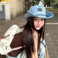 ราคา SANDIEYANAU Vintage Washed Denim Hat Wide Brim American Letter Western Cowboy Hat Drawstring Adjustable Windproof Sunscreen Casual Sun Hat Outdoor Mountaineering (44856971154)