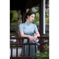 ราคา ชุดผู้หญิงสไตล์จีนใหม่ ทำจากผ้าแจ็คการ์ด แขนสั้นแบบเก๋ไก๋ กี่เพ้าหรูหรา สีฟ้าอ่อน ทรงกระชับ (54303903892)