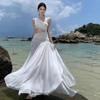 ราคา KULIMULA กระโปรงยาวสีขาว ทรงเอวสูงรัดเอวผ้าชีฟองบางเบา สีขาวสะอาด สไตล์หรูหรา เหมาะกับท่องเที่ยวชายหาด GN312 (52407617357)