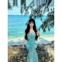 ราคา KULIMULA ชุดเดรสพิมพ์ลาย ทรงสายเดี่ยวคอวีรัดเอว ผ้าชีฟองบางเบา สีฟ้าทะเลสดใส เหมาะกับฤดูร้อนและท่องเที่ยว GN270 (45357620424)