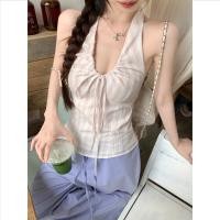 ราคา KULIMULA เสื้อครอปพันคอลายทาง คอวี มีเชือกผูกหน้า ทรงยัดตัวใส่สบาย สไตล์วินเทจน่ารัก สีพาสเทล GN251 (48857580947)
