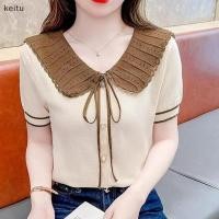 ราคา เสื้อถักผู้หญิงแขนสั้นคอตุ๊กตาผูกโบว์หวานแหววเกาหลีฤดูร้อน (54206367788)