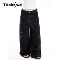 ราคา Tianlesiwei เอวสูงลูกปัดตกแต่งกางเกงยีนส์ขากว้างตรง All Matching กางเกง (29882369593)