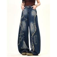 ราคา กางเกงยีนส์ขากว้างสไตล์อเมริกาดั้งเดิม มีการปักลายสวยงาม (54750831391)