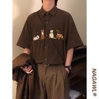 ราคา เสื้อแขนสั้นผ้าลูกฟูกปักลายแมว สไตล์ย้อนยุคอเมริกัน (47006869821)