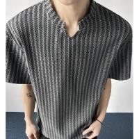 ราคา เสื้อยืดแขนสั้นลายก้างปลา แบบคอล์นวี สไตล์อเมริกันสำหรับผู้ชาย (46407436479)