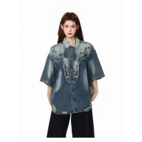 ราคา เทียนเลซิเว่ย เสื้อยีนส์ปักลายผู้หญิงแขนสั้นดีไซน์ลายดอกไม้ (42001784531)