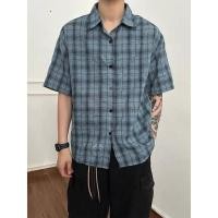 ราคา TIANLESIWEI เสื้อลายสก๊อตแขนสั้นสีเทาเข้มสีเขียวสีน้ำเงิน M 3XL เสื้อลำลองเกาหลี (40904358968)
