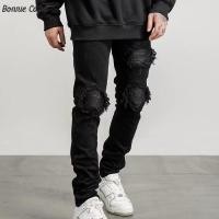 ราคา Tianlesiwei High Street Stitching Patch Slim Jeans Mens Stretch Feet Black Denim (29781186361)