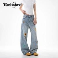 ราคา เถียนเลซีเว่ย กางเกงยีนส์ขากว้างเอวสูงปักลายวินเทจดีไซน์ลายดอกไม้ (29531471770)