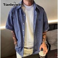ราคา Tianlesiwei เสื้อเชิ้ตลายสก๊อตแขนสั้นปักลายสีฟ้าสไตล์เกาหลี (28431464006)