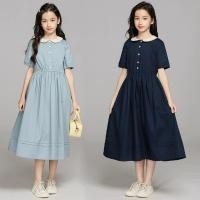 ราคา Ready Stock Girl Older Kid s Peter Pan Collar Short Sleeve Long Dress Summer Casual Girl Preppy Style Dress Waist Tight Graceful Princess Dress sMPf (57707352154)