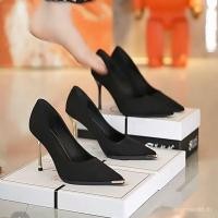 ราคา UO1B รองเท้าส้นสูง Stiletto ทรงพอยท์Toe หนังนิ่ม แบบเรโทรสไตล์อังกฤษอารมณ์ฝรั่งเศส สีดำ (48104350809)