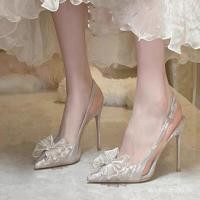 ราคา รองเท้าส้นสูง Pointed Toe Stiletto โปร่งใส มีโบว์และประดับ Rhinestone สไตล์เริดหรูกึ่งรองเท้าแตะ (46754346278)