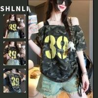 ราคา เสื้อยืดแขนสั้นสไตล์อเมริกันสำหรับผู้หญิง ลายพิมพ์สวยงาม แบบเปิดไหล่ สไตล์คลายๆ (42961981067)