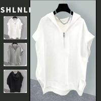 ราคา เสื้อยืดซิปแขนกุดฝรั่งเศสของผู้หญิงฤดูร้อนสีทึบคอวีมีฮู้ดด้านบน (42604397322)