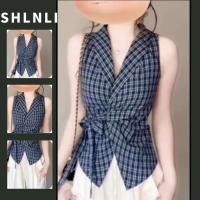 ราคา เสื้อย้อมยุคสำหรับฤดูร้อน ดีไซน์คอวีผูกโบว์ ลายสก็อตสีฟ้า หวานและบางเบากะทัดรัดในแบบแขนกุด (25096263385)