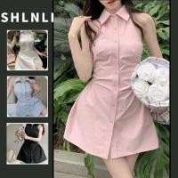 ราคา ชุดเดรสแขนกุดปิดไหล่สไตล์หวานฤดูร้อนของผู้หญิงปุ่มบางคอปกโปโลห้อยคอกระโปรงสั้น (29486189814)