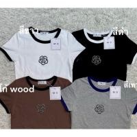 ราคา เสื้อยืดคอกลมแขนสั้น กุ๊นแขน รีดเพชร ลายดอกไม้เพชร ป้าย ME (42961870791)