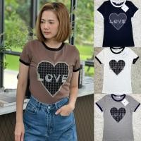 ราคา เสื้อยืดคอกลมแขนสั้น กุ๊นแขน รีดเพชรลาย Love หัวใจ ป้าย ME (28389785153)