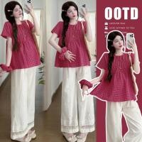 ราคา ชุดคลุมท้องลายสก๊อต ฤดูร้อน สี two piece set เสื้อแขนสั้นและกางเกงขากว้าง ผ้าฝ้ายลินิน (41407198350)