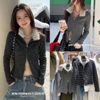 ราคา SU658 เสื้อยืดคอปกแขนยาว ลายขวาง ช่วงคอแต่งขน แฟชั่นเกาหลี TAG MM Fish (57653884910)