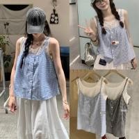 ราคา W8525 เสื้อสายเดี่ยวลายตารางแต่งกระดุม มาพร้อมเสื้อกล้ามลายผ้าฉลุ แฟชั่นเกาหลี TAG WG WE (42978240135)