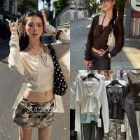 ราคา SU051 เสื้อแขนยาว คอวีกว้าง แต่งสายเดี่ยวคล้องคอ มัดโบว์ด้านหลัง แฟชั่นเกาหลี TAG MM Fish (54305244565)